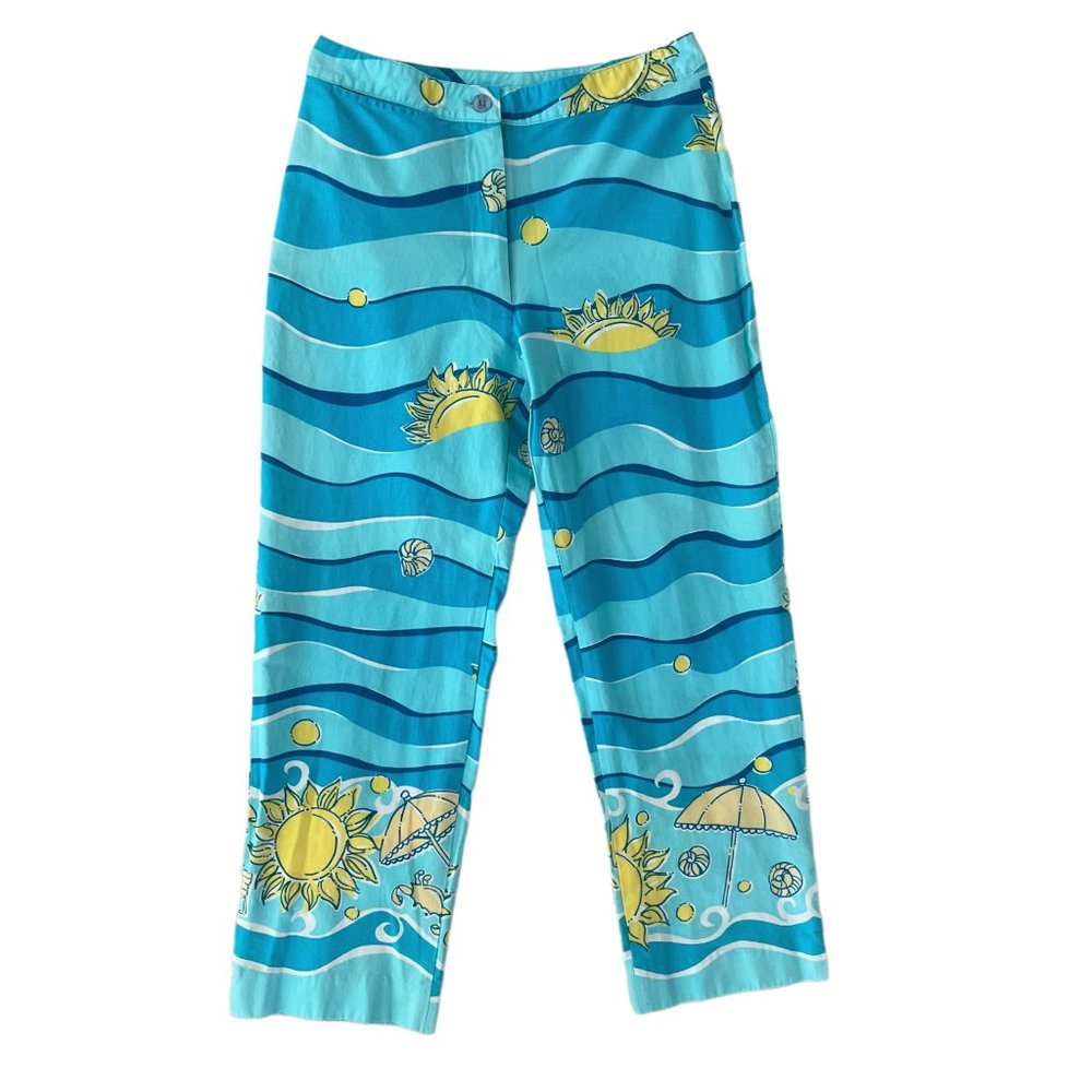 Vintage Lilly Pulitzer Blue and Yellow Beach Print Capris Clamdiggers size 0